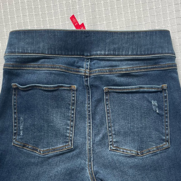 Spanx Blue Jean Jeggings Size Small Raw Hem Faux Front Pockets Distressed Flawed - Picture 6 of 14